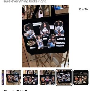 Black Canvas Tote Bag with Retro Style Photo Collage Print